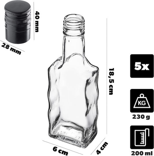 Glass Bottle Liqueur 200ml Long Black Cap 5 Pcs