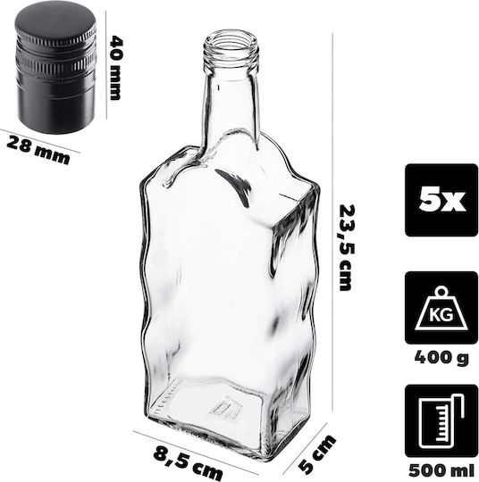 Glass 500ml Liqueur Bottle Long Black Cap 5 Pcs