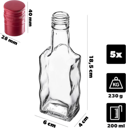 Glass Liqueur Bottle 200ml Long Red Cap 5 Pcs