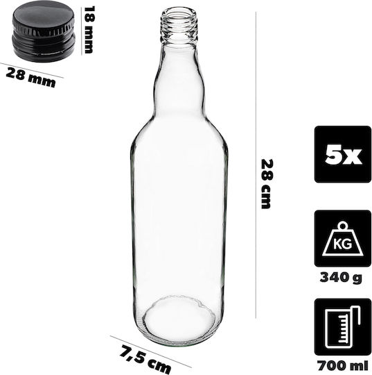 Sticlă 700ml Capac Negru 5 Bucăți