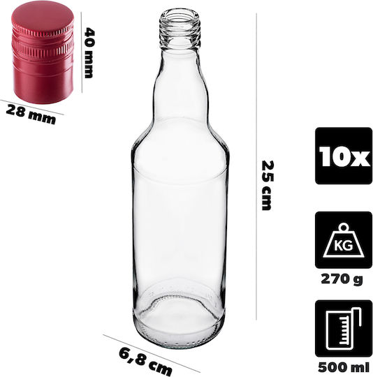 Glass Bottle 500ml Long Red Cap 10 Pcs