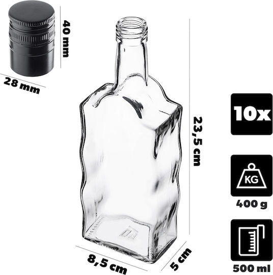 Glass Bottle Liqueur 500ml Long Black Cap 10 Pcs