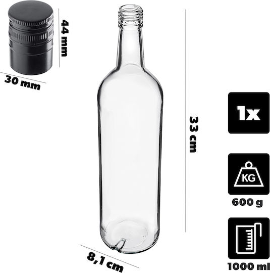 Glass Bottle 1000ml Long Black Cap 1 Pc