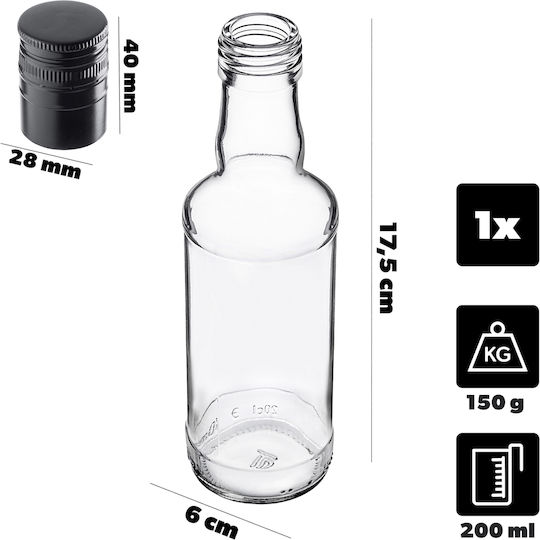 Glass Bottle 200ml Long Black Cap 1 Pc