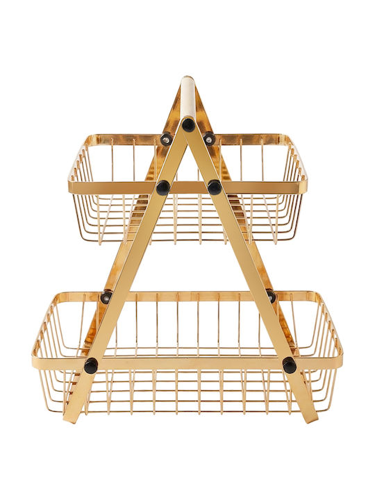 Cheffinger Fruit Vegetable Basket 2-tier Stainless Steel Wooden Handle Gold
