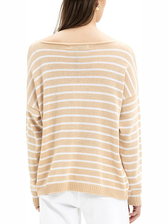 MY T Damen Pullover Baumwolle Gestreift Weiß-Beige