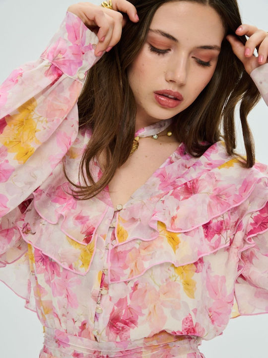 Summer Mini Shirt Dress with Ruffles Floral