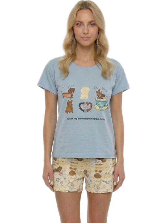 Caress Sommerliches Damen-Schlafanzug-Set Baumwollene Hellblau