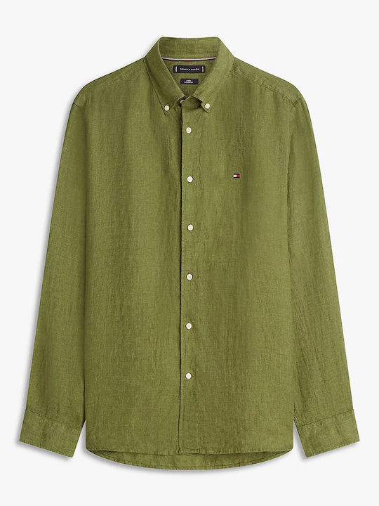 Pigment Dyed Li Long Sleeve Linen Shirt in Regular Fit Khaki