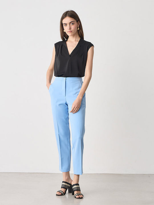 Pantaloni Dama Crep Cu Elastic Talie Înaltă Bleu