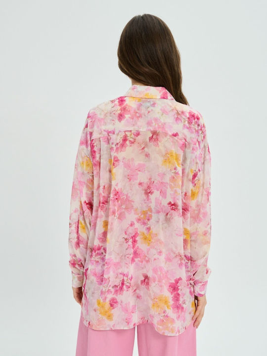 Long Sleeve Women's Silky Floral Pink Shirt