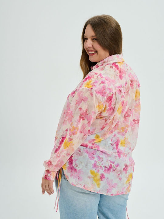 Long Sleeve Women's Silky Floral Pink Shirt