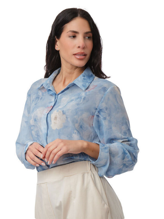 Long Sleeve Women's Shirt Light Blue Floral