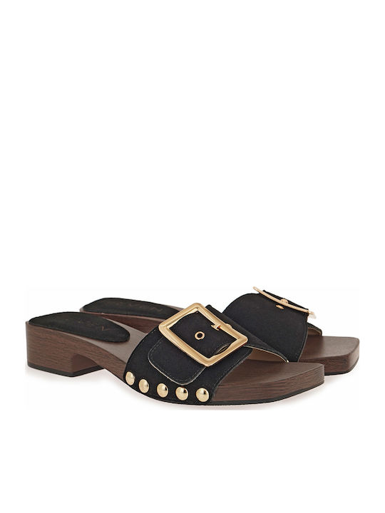 Suede Mules with Low Heel in Black Colour