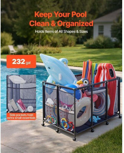 Vevor Pool Storage Bin 125 X 84 X 84 Cm Rolling Pool Float Storage Organizer Side Pockets & Casters Heavy Duty Metal Frame Poolside Toys Noodles Holder Mesh Basket Swimming Pools