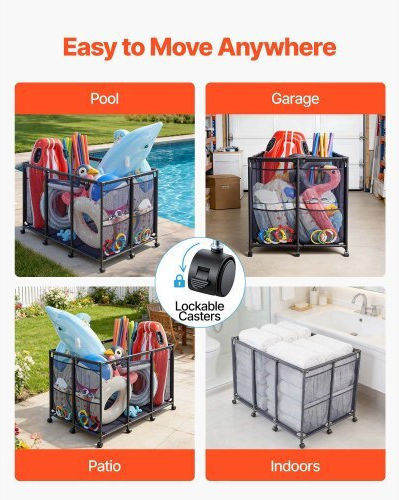 Vevor Pool Storage Bin 125 X 84 X 84 Cm Rolling Pool Float Storage Organizer Side Pockets & Casters Heavy Duty Metal Frame Poolside Toys Noodles Holder Mesh Basket Swimming Pools