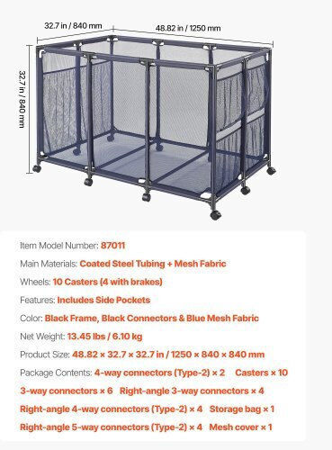 Vevor Pool Storage Bin 125 X 84 X 84 Cm Rolling Pool Float Storage Organizer Side Pockets & Casters Heavy Duty Metal Frame Poolside Toys Noodles Holder Mesh Basket Swimming Pools