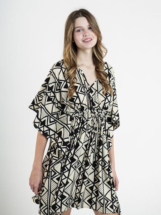 Ble Resort Collection Дамско Късо Кафтан Плажен Черен/Бежов