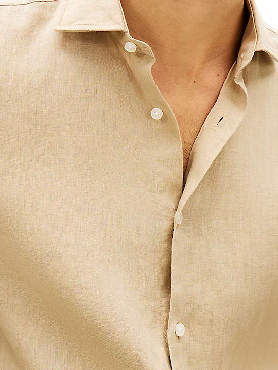 Langärmeliges Leinenhemd in Enge Passform Beige