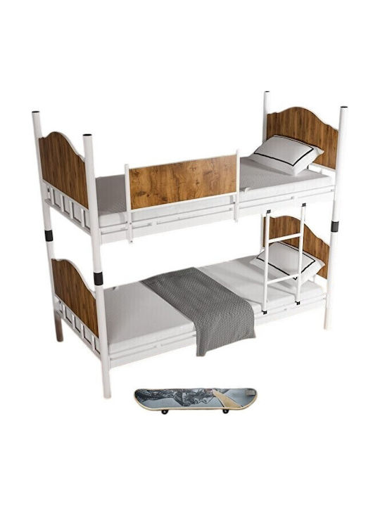 SteweHome Bunk Double Bed Metal with Wooden Elements White / Walnut 90x190 cm SteweHome Bunk Double Bed Metal with Wooden Elements White / Walnut 90x190 cm