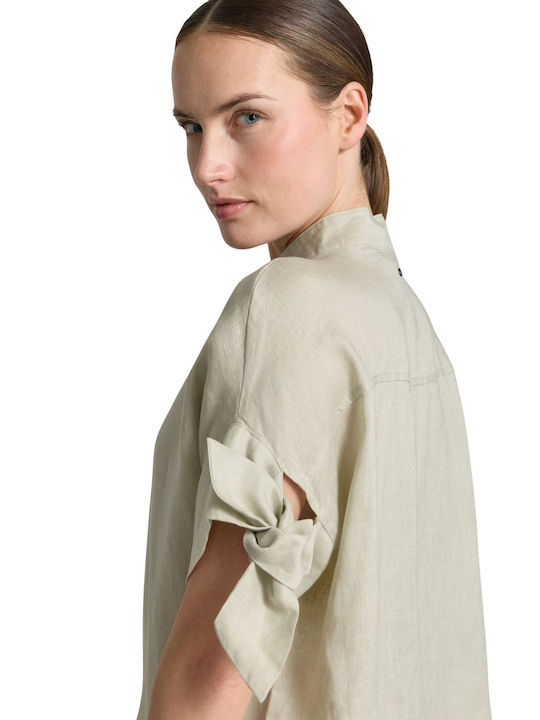 Langärmeliges Damenleinen-Halbknopfhemd Beige