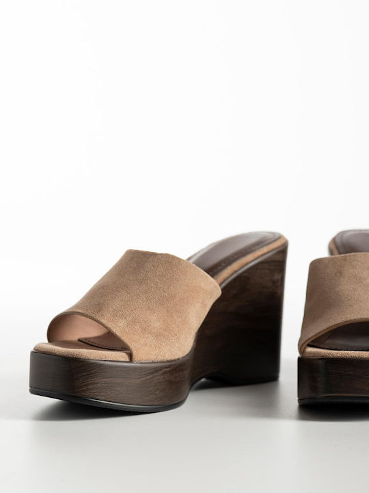 Mules Platform Suede Strap Women's 903-652 Taupe Synthetic Suede