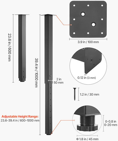Vevor Metal Furniture Leg with Regulator 4 Pieces Suitable for Table Coffee Table Desk 61cm Black