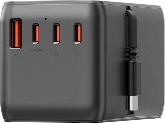 Energea Charger with USB-A Port and 3 USB-C Ports and USB-C Cable 85W Power Delivery Black