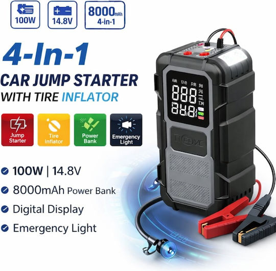 Rchang Portable Car and Motorcycle Battery Starter 8000mAh with Power Bank USB Pump Flashlight 12V