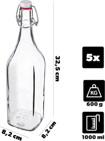 Kadax Glass Water Bottle With Transparent Clip 1000ml 5 Pieces