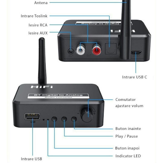 Convertor Audio Digital La Analog Ot13 Compatibil Bluetooth 5.1 Usb 3.5 Mm Aux Cablu Audio Optic Rca Negru