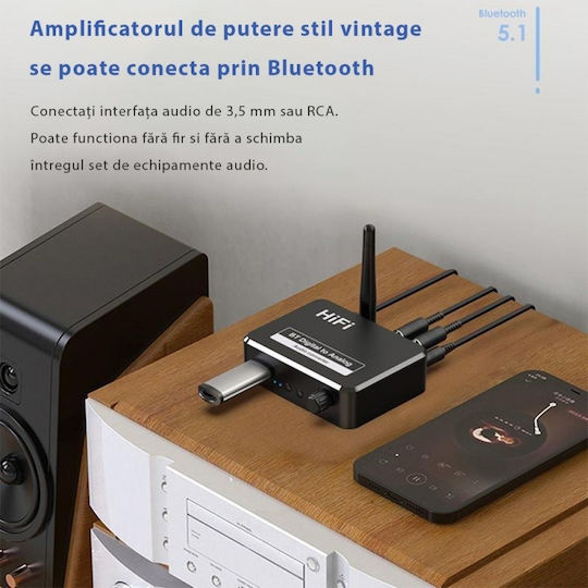 Convertor Audio Digital La Analog Ot13 Compatibil Bluetooth 5.1 Usb 3.5 Mm Aux Cablu Audio Optic Rca Negru