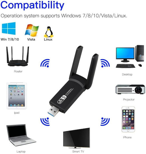 Безжичен Ac 1300 Двуобхватен Адаптер 1200mbps Usb 3.0 2.4g/5g Дълъг Обхват 2 Антени Черен