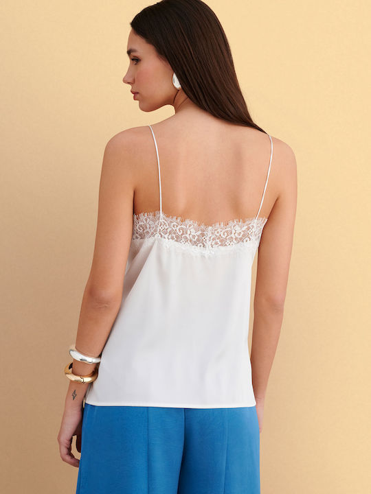 Damen Bluse Satin mit Spitze Weiß 9923705-Weiße