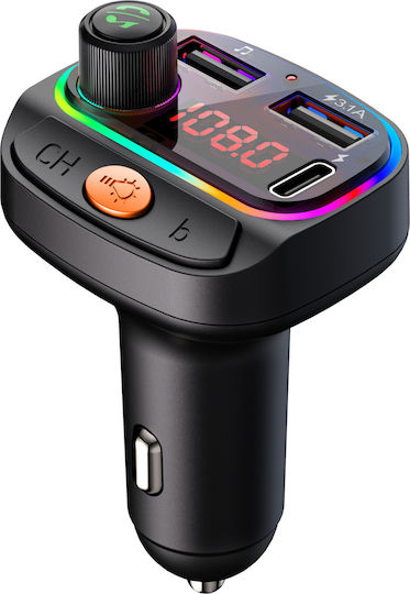 Osio Oft-4265bt Bluetooth FM Предавател За Кола 2×USB-A + 1×USB-C Hands-Free и Осветление в 7 Цвята Черен Osio