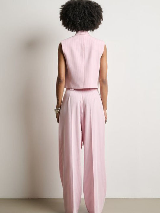 Women's Pink Set with High Rise Striped Trousers