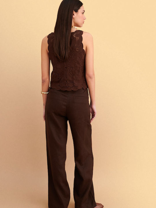 Women's Linen Trousers in Straight Leg Brown