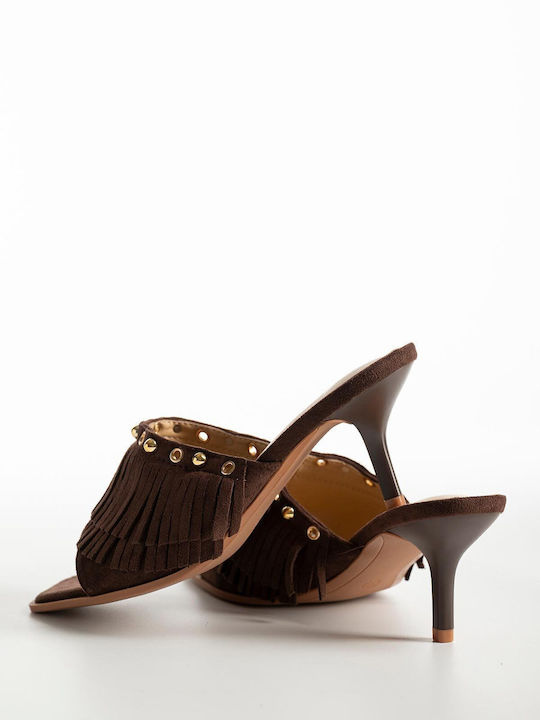 Pantofi Mules Dama De Catifea Cu Toc Subțire Înalt Maro K26-353-EL-843-KAFE