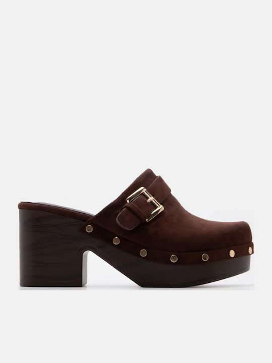 Suede Damen Pantoletten mit Hoch Absatz in Braune Farbe
