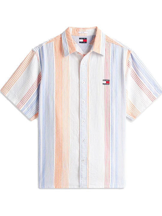 Short Sleeve Cotton Shirt Striped Ecru-Orange-Light Blue