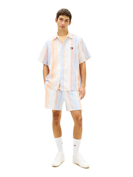 Short Sleeve Cotton Shirt Striped Ecru-Orange-Light Blue