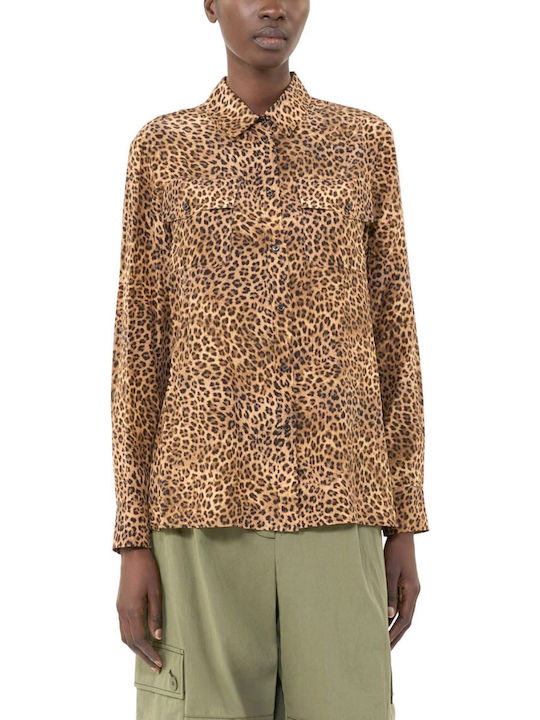 Long Sleeve Women's Silky Shirt Beige-Brown