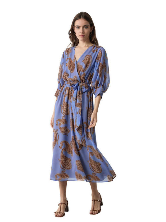 Summer Midi Wrap Dress with Tearing Blue