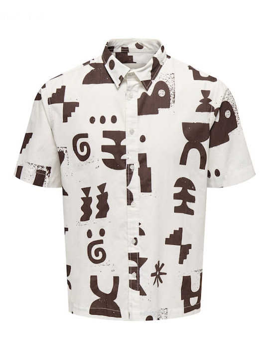 Short Sleeve Shirt in Regular Fit White and Brown