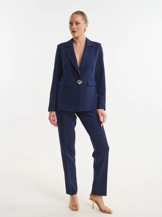 Fibes Langes Damen-Krepp Tailliertes Blazer Blau