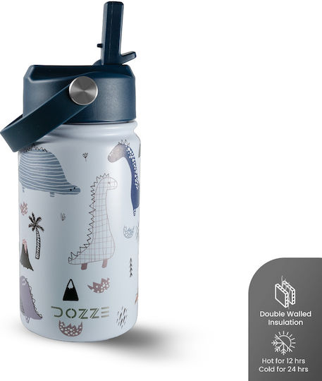 Dozze Kids Water Bottle Thermos Dinosaur Stainless Steel with Straw Non Spill Blue 355ml