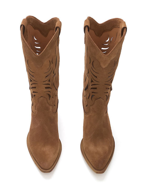 Suede Women's Boots with Mid Heel Tabac Brown