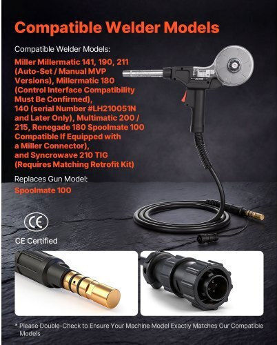 Vevor 135amp Spool Gun 3m Cable Replacement Miller Spoolmate 100 11pcs Mig Welding Contact Tips & Er4043 0.9mm Aluminum Mig Welding Wire