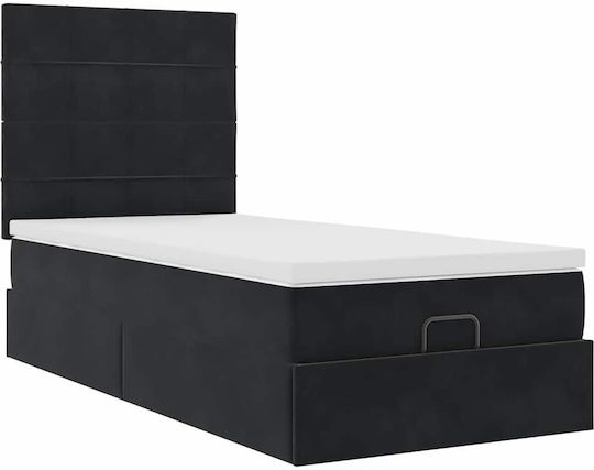 Pat King Size Tapitat cu Material Negru cu Plăci și Saltea 190x190cm