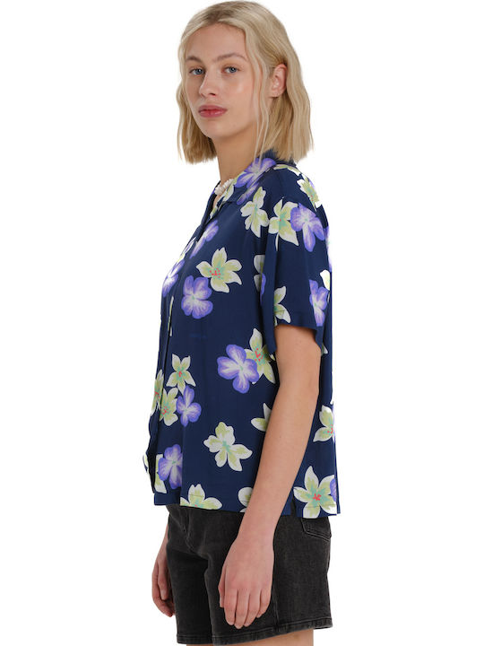Kurzärmeliges Damenhemden Denim Marineblau Blumen 261.EW61.23PR-Pr570c-Marineblau